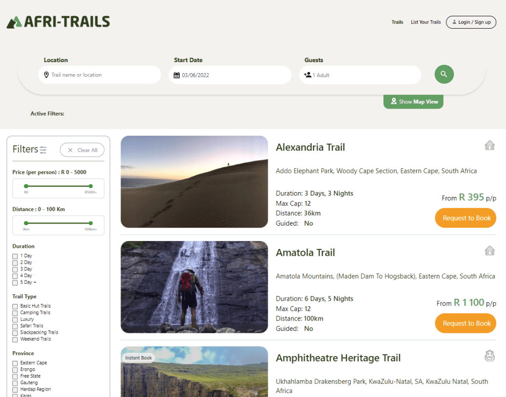 Screenshot of AfriTrails bookings and reservation web app developed by KRS Khanyisa Real Systems