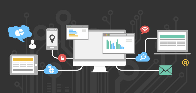 A vector illustration depicting how digital devices are interconnected with cloud technology