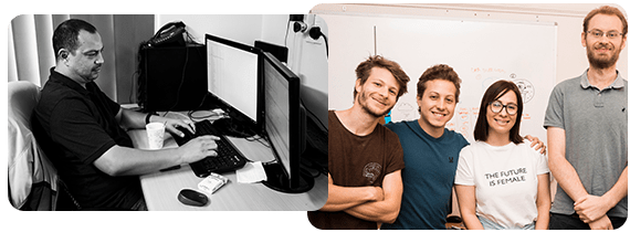 Two photos showing KRS smiling staff and a KRS developer at work