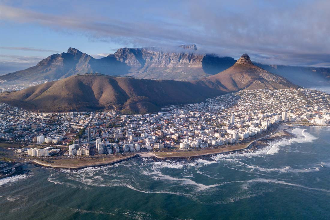 Aerial view over Cape Town, South Africa with Table Mountain to convey that KRS does International Software Development