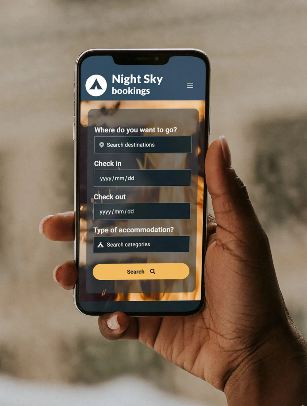 Night Sky Bookings web app by KRS on a mobile phone
